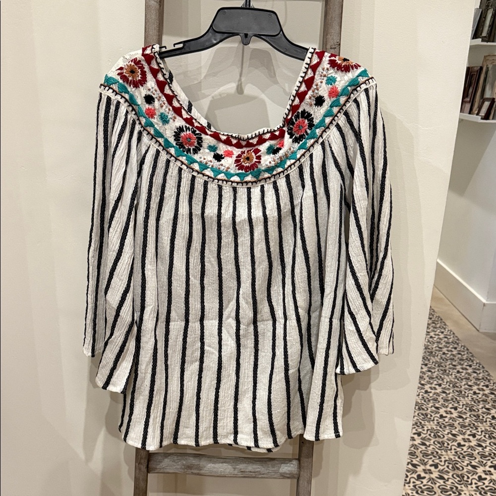 Avanti Floral Embroidered Striped Blouse